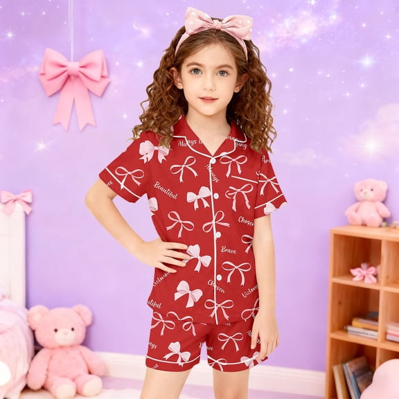 Valentine's Day Girls Print Pajama Short Sleeve Button Shirt Shorts Soft Casual Comfortable Nightwear Kids 2 Piece Outfits Red 6-7 Y
