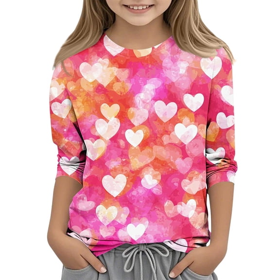 Valentine's Day Girls Shirt Fashion Casual Crew Neck 3/4 Sleeve Tops Cute Heart Printed Pullover Blouses Size 3-12