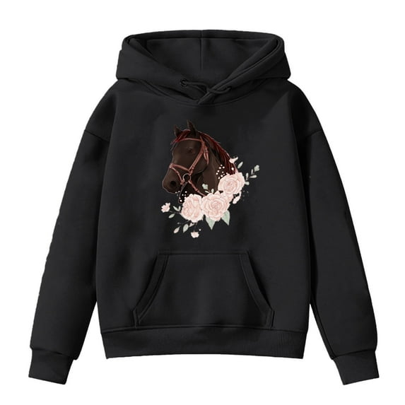 Valentine's Day Girls Sweatshirts Child Horse Printed Long Sleeve Hoodies with Pockets Casual Trendy Pullover Size 12 Y-13 Y