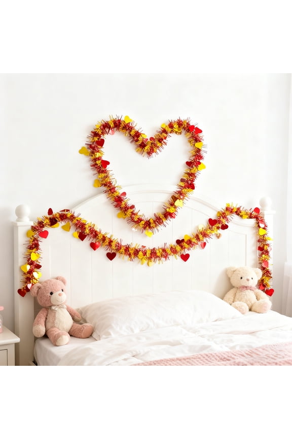 Valentine's Day Glitter Heart Ribbon Garland - 78 Inch Red Sparkling Decor for Wedding, Party, Backdrop, DIY Crafts - Reusable & Bendable