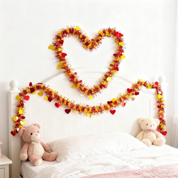 Valentine's Day Glitter Heart Ribbon Garland - 78 Inch Red Sparkling Decor for Wedding, Party, Backdrop, DIY Crafts - Reusable & Bendable