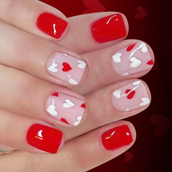 Valentine's Day Glossy Fake Nails 24pcs Square Short Red White Heart Tips