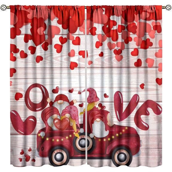 Valentine''s Day Gnome Blackout Curtains, Cartoon Cute Truck Gnome Lovers Red Heart Window Drapes, for Bedroom Living Room 42(W)*84(L) 2 Panels
