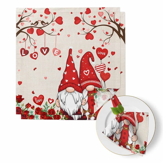 Valentine's Day Gnome Cloth Napkins Set of 2 Gnome Couple Vintage Red Love Rose Balloon Bird Linen Texture Soft Washable Square Dinner Napkins for Party Wedding Restaurant Hotel Cocktail 20x20 Inch