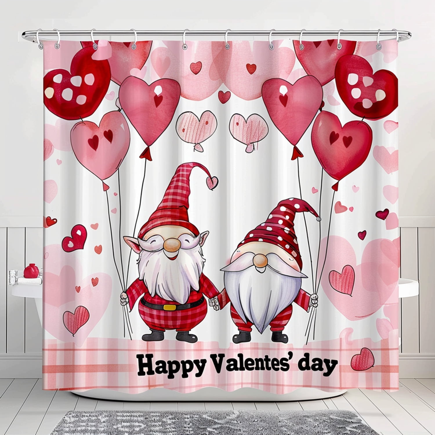 Valentine's Day Gnome Couple Shower Curtain Romantic Cartoon Style Heart Balloons Happy