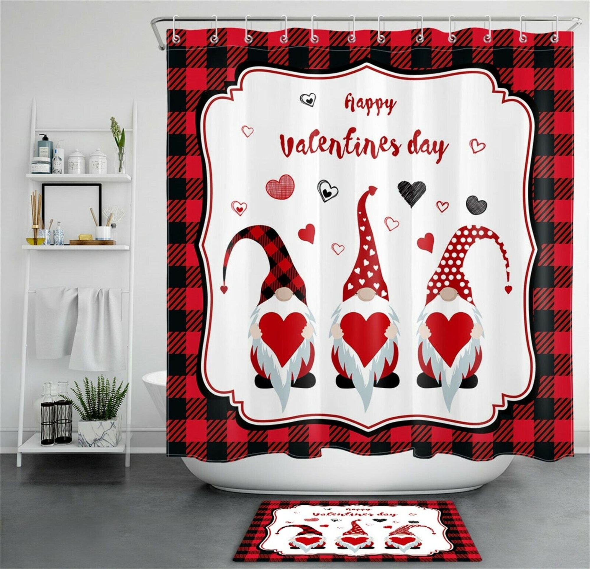 Valentine's Day Gnome Elf Shower Curtain Set Add a Touch of Romance to Your Bathroom Decor
