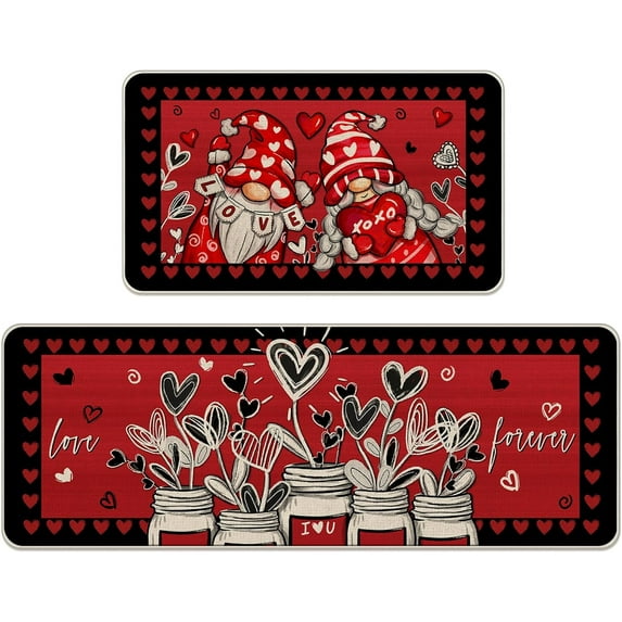 Valentine''s Day Gnome Kitchen Rugs Set of 2, Red Black Love Heart Mason Jar Love Forever Kitchen Mats Decor, Anniversary Wedding Holiday Floor Door Mat Home Decorations -17x29 and 17x47 Inch