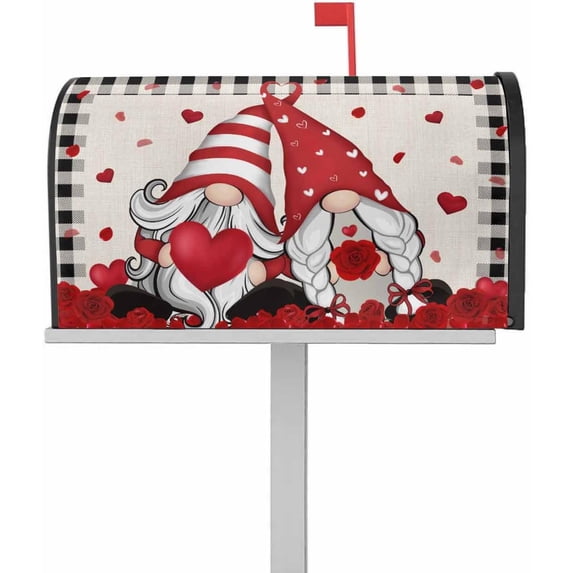 Valentine''s Day Gnome Mailbox Cover Red Love Heart Magnetic Mailbox Wraps, Black White Buffalo Plaid Mailbox Covers Standard Size 18x21 Inch Mail Wrap Post Box Decoration for Outdoor Gardern Yard
