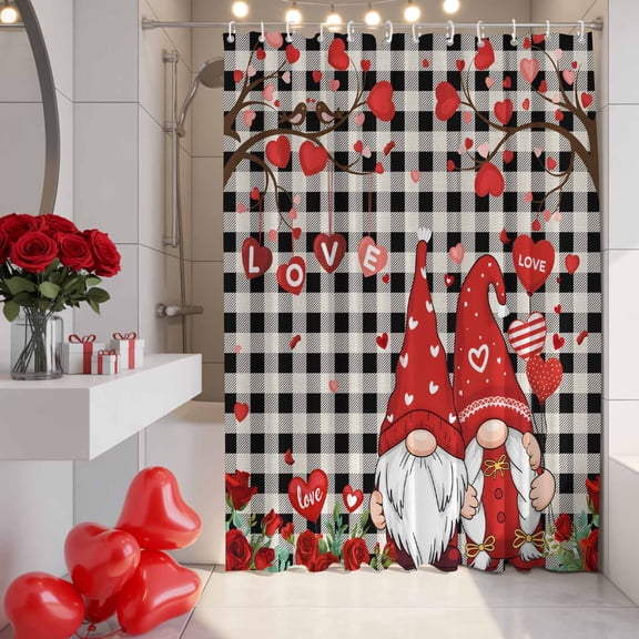 Valentine's Day Gnome Shower Curtain, 72" x 72", Gnome Couple Rustic Red Love Rose Black Buffalo Plaid Waterproof Bathroom Curtain Washable Shower Curtain Set with 12 Hooks