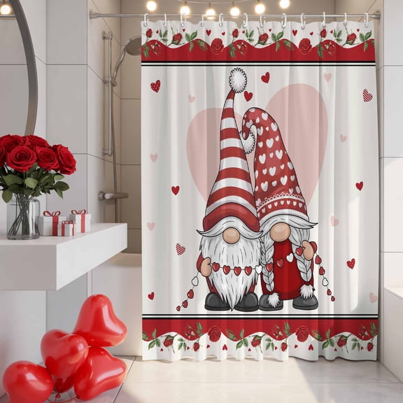 Valentine's Day Gnome Shower Curtain, 72" x 72", Gnome Couple Vintage Pink Red Love Rose Beige Texture Waterproof Bathroom Curtain Washable Shower Curtain Set with 12 Hooks