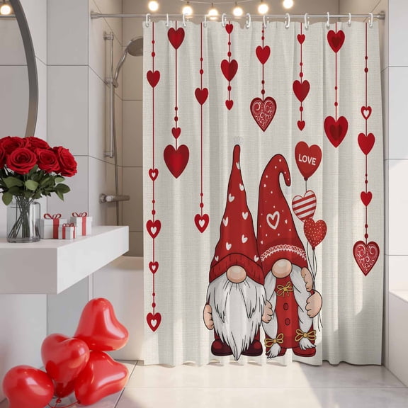 Valentine's Day Gnome Shower Curtain, 72" x 72", Gnome Couple Vintage Red White Love Balloon Linen Texture Waterproof Bathroom Curtain Washable Shower Curtain Set with 12 Hooks