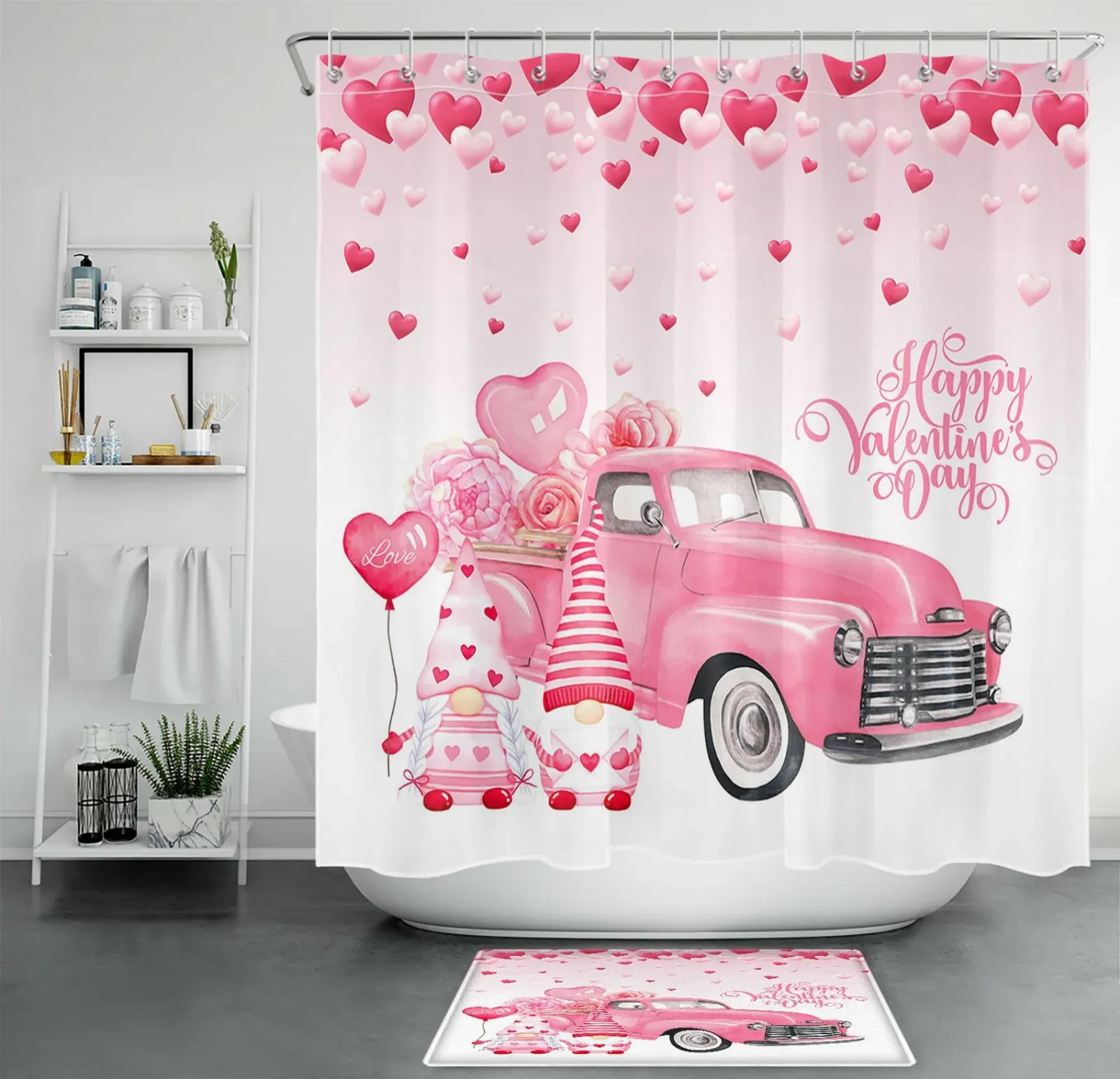 Valentine's Day Gnome Shower Curtain Whimsical Bathroom Decor