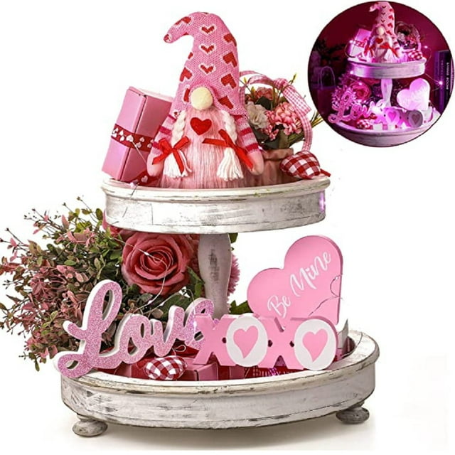 Valentine's Day Gnome Tiered Tray Decor Including Gnome Plush, Happy Valentine's Day Mini Wood Sign, Wooden Bead Garland Happy Valentine's Day the best present