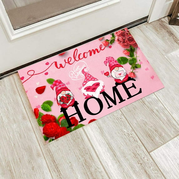 Valentine's Day Gnome Welcome Mat 16'' x 24'' Valentines Day Decorations Love Heart Valentines Door Mat Non Slip Front Door Mat for Entryway Home Low-Profile Valentines Mat Valentines Outdoor Rug