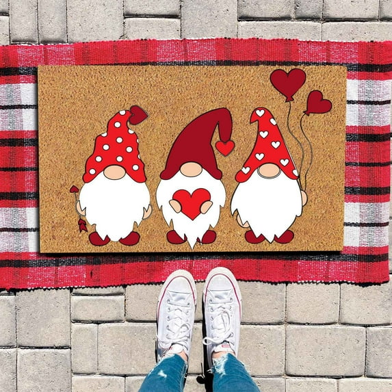 Valentine's Day Door Mat, Three Swedish Tomte Elves with Balloons & Arrow, 24x16 Inch, Cute Gonk Welcome Rug, Funny Front Porch Decor, Seasonal Indoor Floor Mat