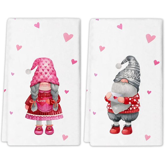 Valentine''s Day Gnomes Love Kitchen Dish Towels, Farmhouse Anniversary Weing Tea Towels, Happy Valentine''s Day Holiday Decoration Hand Towels for Kitche Baking Cooking Bathroom 18x26 Inch, 2 PC