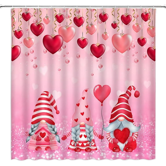Valentine''s Day Gnomes Shower Curtain Lover Heart Sweet Romantic Happy Valentines Fabric Bathroom Curtain Set with Hooks(70" WX70 H)