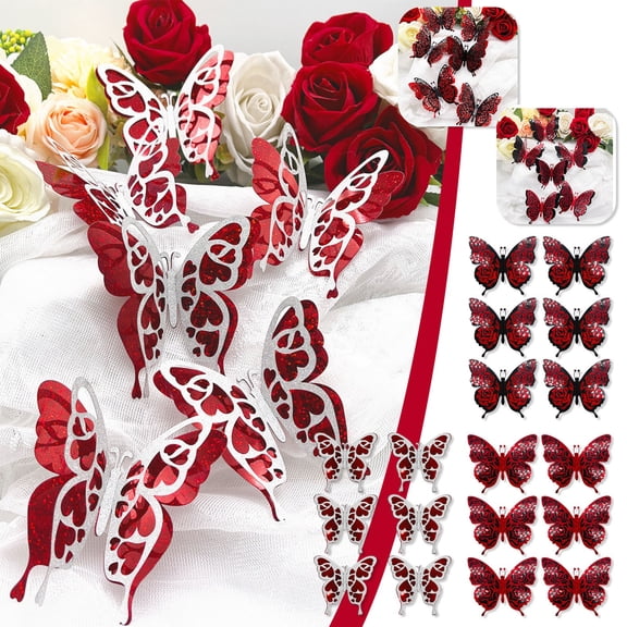 Valentine’s Day Gold Bowknot Butterfly Stickers, 3D Double-Layer Decorative Wall Stickers Set of 6, Red Metallic Effect Décor for Weddings, Gifts & Romantic Party Decorations