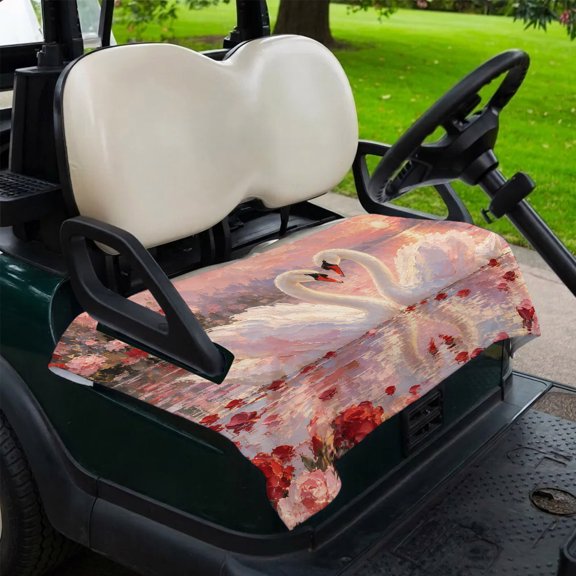 Valentine's Day Golf Cart Seat Covers, 51" x 31" Universal Golf Cart Accessories for Men Women, Romantic White Swan Couple Pink Rose Sunset Golf Cart Seat Towel Fits 2Seat Carts