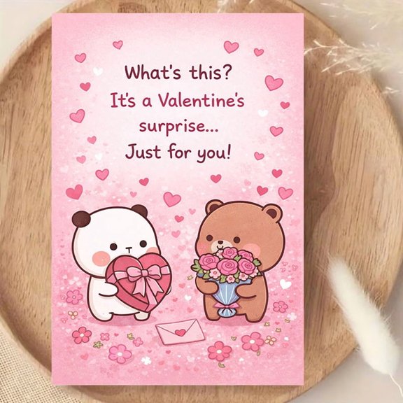 Valentine's Day Greeting Card Cute Panda and Bear Design It's a Valentine's Surprise Ideal for Loved Ones with Envelope Included