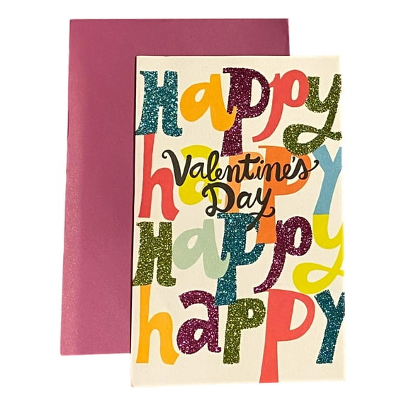 Valentine's Day Greeting Card for Loved Ones, Friends and Family - Happy Valentine's Day - Deluxe, Tipped Insert, Textured Paper, Sparkling Glitter; Colored