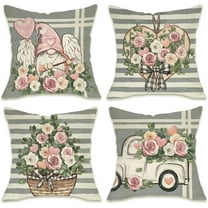 Valentine''s Day Grey Decorative Throw Pillow Covers 18 x 18 Set of 4, Gnome Truck Rose Flowers Love Heart Stripes Outdoor Pillowcase, Anniversary Wedding Holiday Cushion Case Home Decor