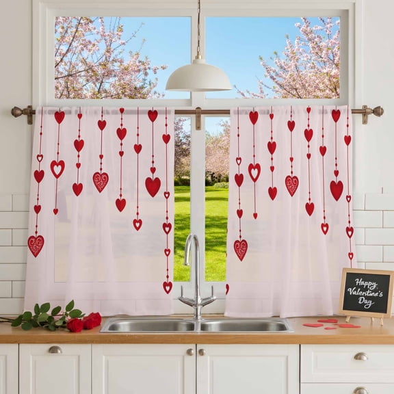 Valentine's Day Hanging Love Heart Chiffon Sheer Curtains 54 Inches Long, Red Elements on Pink 2 Rod Pocket Window Treatment Voile Drapes Curtains for Living Room Bedroom,2 Panels, 52x54In