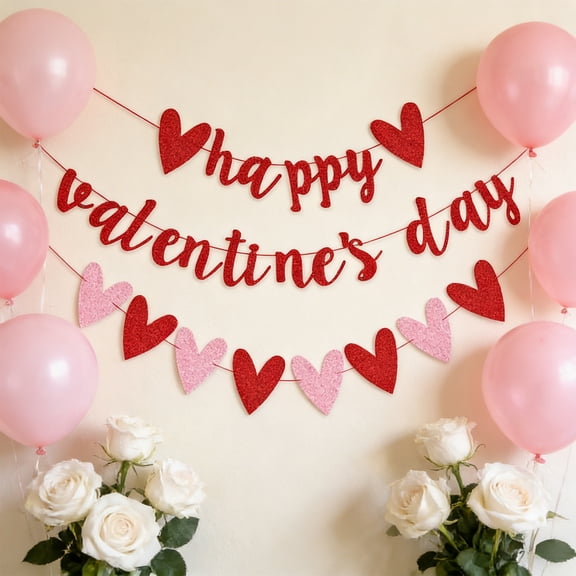 Valentine's Day Heart Banner | 59 Inch Red Glitter Paper Party Decor | 1 Piece Hanging Flag for Holiday & Birthday Celebration