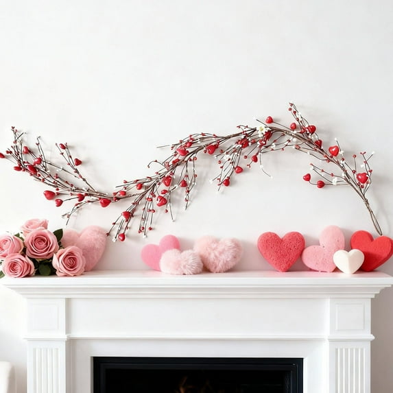 Valentine's Day Heart Berry Vine Garland, 59" Red Faux Berry Vines with Fruited Stems for Indoor Outdoor Decor, Wall Mantel Party Wedding Decoration