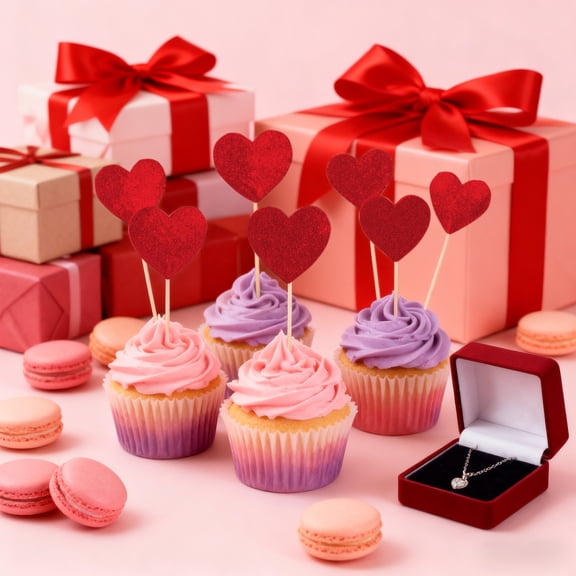 Valentine's Day Heart Cake Toppers 20 Pack, Red Glitter Paper Party Picks for Cupcakes, Desserts, Food Decorations