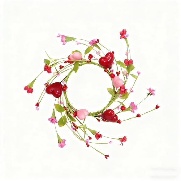 Valentine's Day Heart Candle Ring Wreath 4in Mini Red and Pink Heart Shaped Berry Wreath for Wedding Party Anniversary Decor