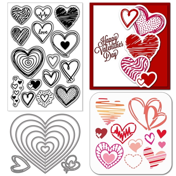 Valentine's Day Heart Clear Silicone Stamp Metal Hand Drawn Heart Cutting Die Love PET Painting Stencils for Card Making Scrapbooking Craft Embossing