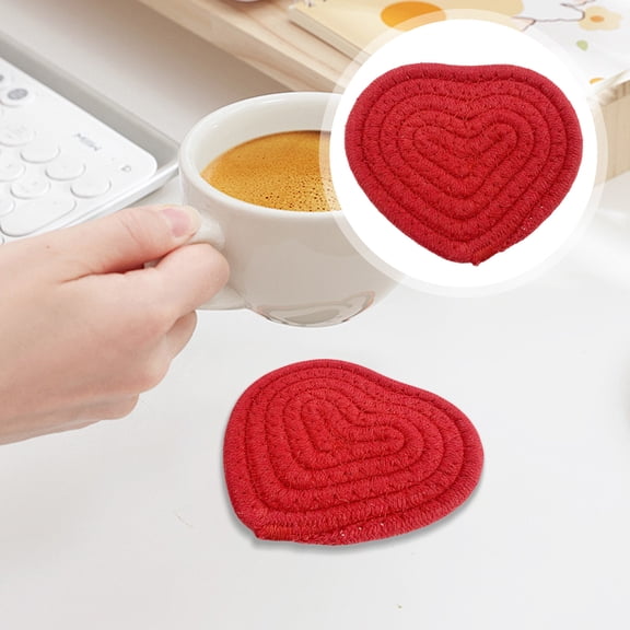 Valentine's Day Heart Coaster, Heart Handmade Braided Cotton Coaster, Heat-Resistant Cup Drinks Mat, Cute Heart Coaster for Coffee Table Home Decor Restaurant, 4.1*4.9 in