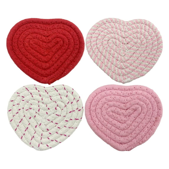 Valentine's Day Heart Coasters,Cotton Drink Coasters,Handmade Braided Cotton Coasters,Anti Slip Absorbent Drinks Mat for Valentine's Day Home Restaurant Housewarming Gifts(4PC)