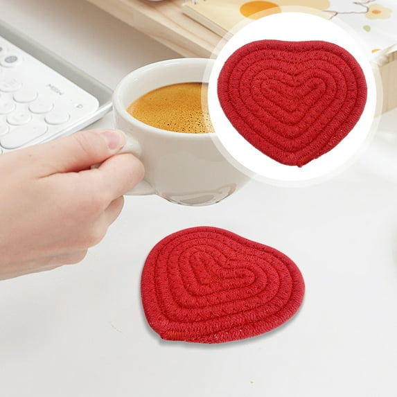 Valentine's Day Heart Coasters,Handmade Braided Cotton Coasters,Anti Slip Absorbent Drinks Mat for Mother's Day Home Restaurant Housewarming Gifts,Valentines Day Decorations(Red)