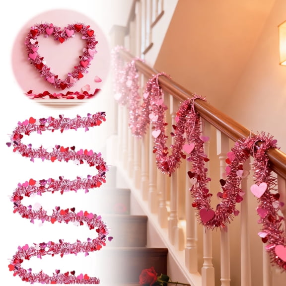 Valentine's Day Heart Confetti Party Streamers, 200cm/78.74in Heart-Shaped Tinsel Garlands for Room Decor, Wall, Staircase, Wedding, Anniversary Party Decorations (Red & Pink)