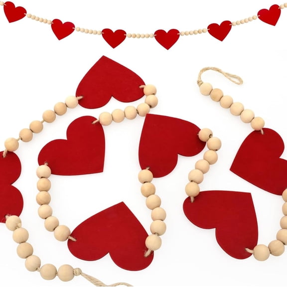 Valentine's Day Heart Decorations, Felt Hearts Wood Bead Garland Banner for Valentine's Day Decor
