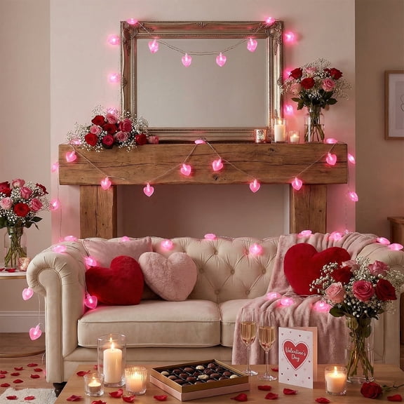 Valentine's Day Heart Decorations String Lights, LED Glitter Hearts Plug in Fairy Lights, Connectable Waterproof 6.5ft Light Pink Heart