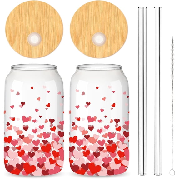 Valentine''s Day Heart Drinking Glasses Set 2Pcs with Bamboo Lids Glass ...