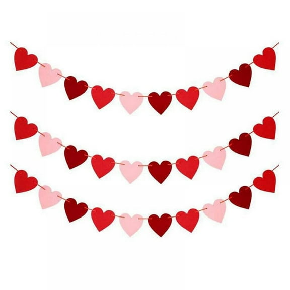 Valentine's Day Heart Garland Felt 2D Ornaments - 3 Pack, Red Pink Burgundy Hearts, Festive Decor For Home Party Wedding Anniversary - Walmart Exclusive