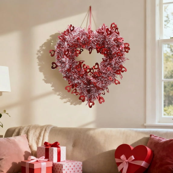 Valentine's Day Heart Garland Hanging Decor with LED Lights for Wedding Engagement Anniversary Party Home Indoor Outdoor Decoration Romantic Floral Greenery Wreath