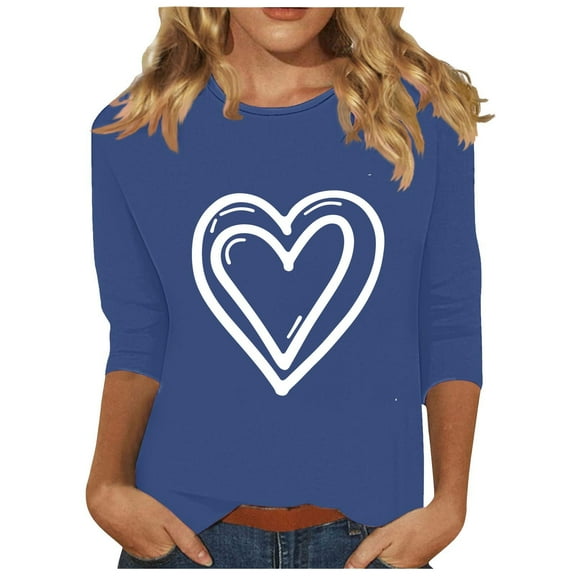 Valentine's Day Heart Graphic Shirts for Women Casual Crewneck 3/4 Sleeve Tops Cute Basic Tee Gifts