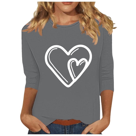 Valentine's Day Heart Graphic Shirts for Women Casual Crewneck 3/4 Sleeve Tops Cute Basic Tee Gifts