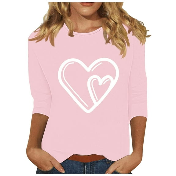 Valentine's Day Heart Graphic Shirts for Women Casual Crewneck 3/4 Sleeve Tops Cute Basic Tee Gifts