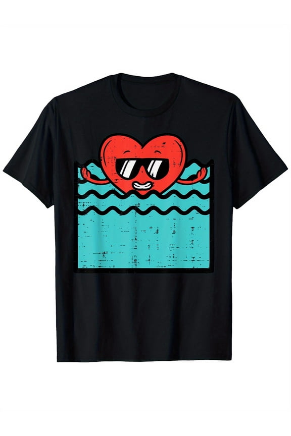 Valentine's Day Heart Graphic T-Shirt - Fun Swimmer Design with Fashion Glasses & Waving Hand, Unisex Cotton Casual Round Neck Tee for Men & Women, Stretchy & Soft 100% Cotton,