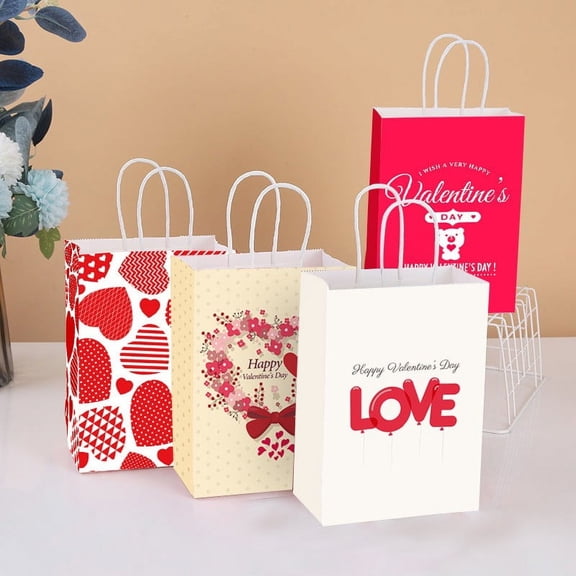 Valentine's Day Heart Kraft Paper Gift Bags, 12-Pack Assorted Design Party Favor Bags With Handles For & Teenager Romantic Gifting, Valentine Decorations, Gift Packaging
