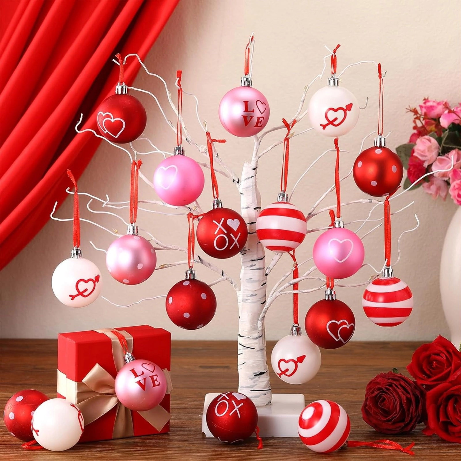 Valentine's Day Heart Ornaments Set - 12 Pieces Red Heart-Shaped Hanging Decor for Home Indoor Party Wedding Table Fireplace Mantel