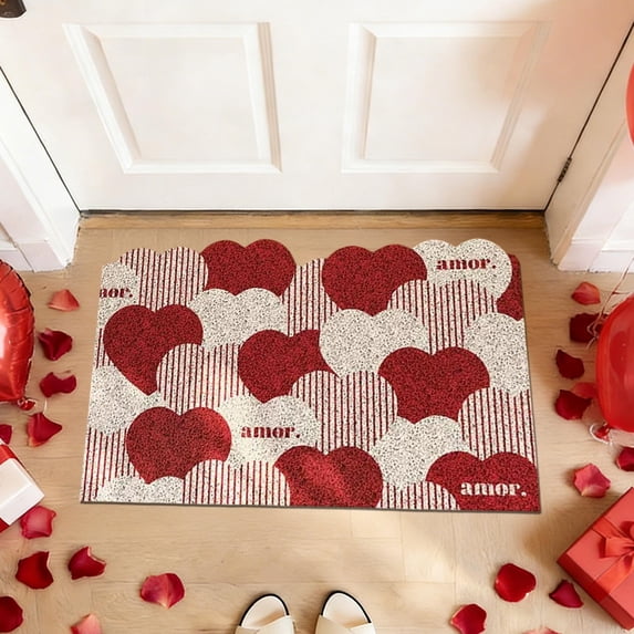 Valentine's Day Heart Pattern Doormat, Durable PVC Entryway Mat Skidproof Bathroom Floor Mat, Dirt Trapping Easy Clean Door Mat for Home Front Door Decor(Red,E)