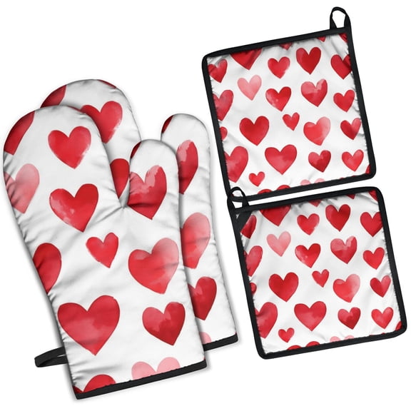 Valentine's Day Heart Pattern Kitchen Oven Mitt and Pot Holder Sets 4 Pcs for Baking, Cooking and Grilling, Heat Resistant Up To 392 °F