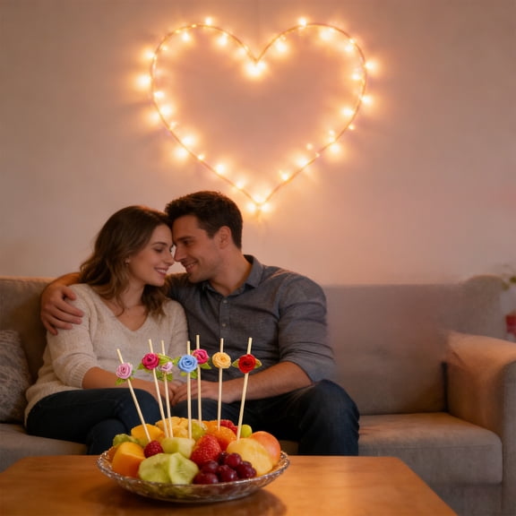 Valentine’s Day Heart Picks, 100pc Bamboo Skewers for Fruit Platters, Appetizer Decor, Sweetheart Party Supplies & Romantic Table Settings